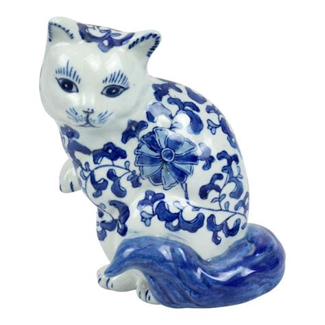 Blue And White Chinoiserie Cat Figurine Chairish