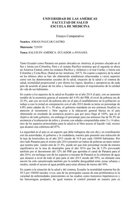 El ensayo es un tipo de texto que analiza, evalúa o interpreta un tema determinado, ya sea de manera oficial o libre. Ensayo comparativo perfiles de países Ecuador vs Panamá ...