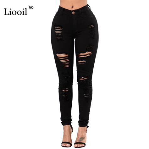 Liooil 2019 New Spring Women Ripped Jeans Fashion Pockets