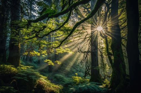Serene Forest Landscape With Sunbeams Penetrating Through The Treetops