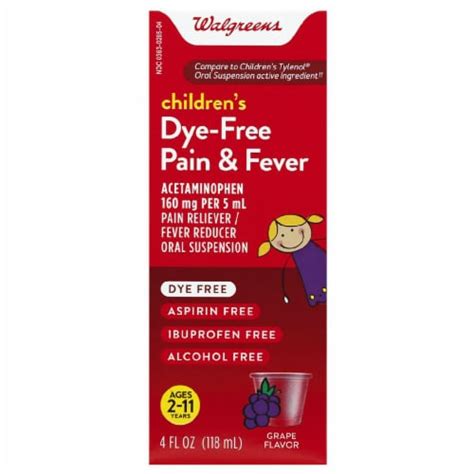 Walgreens Childrens Dye Free Pain And Fever Grape Flavor Liquid 4 Fl Oz