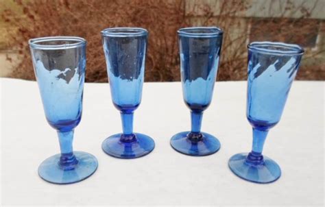 Vintage Hand Blown Stemmed Cordial Glasses Cobalt Blue Set Etsy