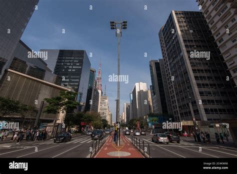 Famous Paulista Avenue In Sao Paulo With Modern Buildings Around Stock