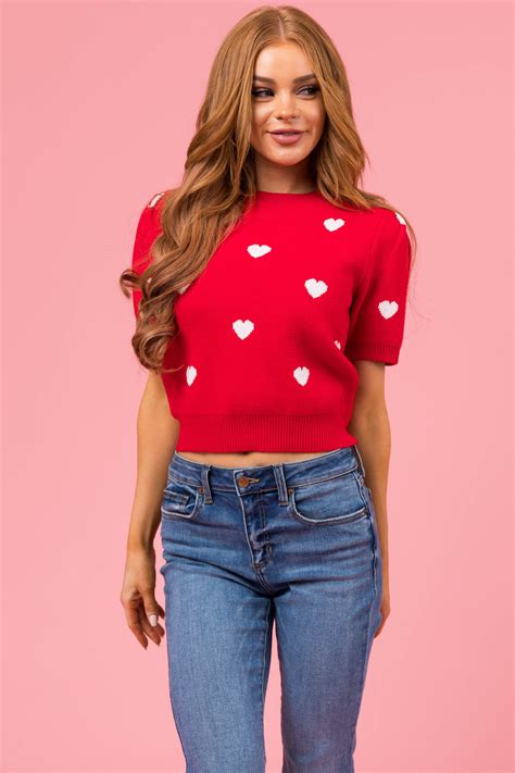 Shesky Cherry Heart Short Sleeve Sweater Lime Lush