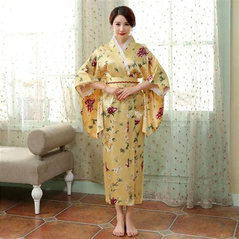 japanese kimono with obi new arrival yellow japan style lady kimono sexy women yukata vintage