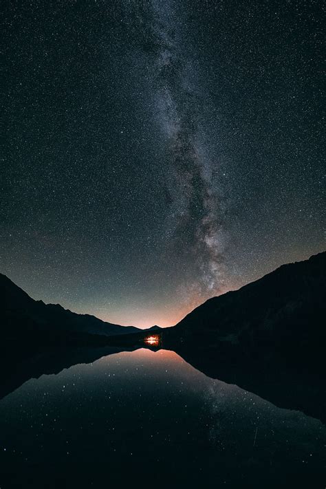 Nature Stars Night Lake Reflection Starry Sky Milky Way Hd Phone
