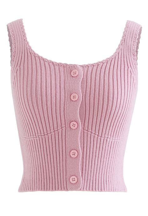 Ribbed Knit Buttoned Crop Tank Top In Pink Retro Indie And Unique