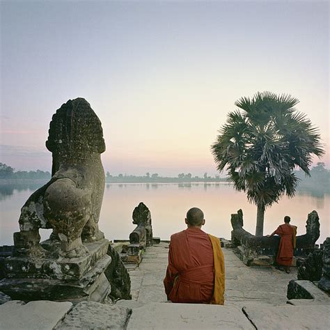 Angkor Wat Buddhist Monks At Waters Greeting Card By Martin Puddy