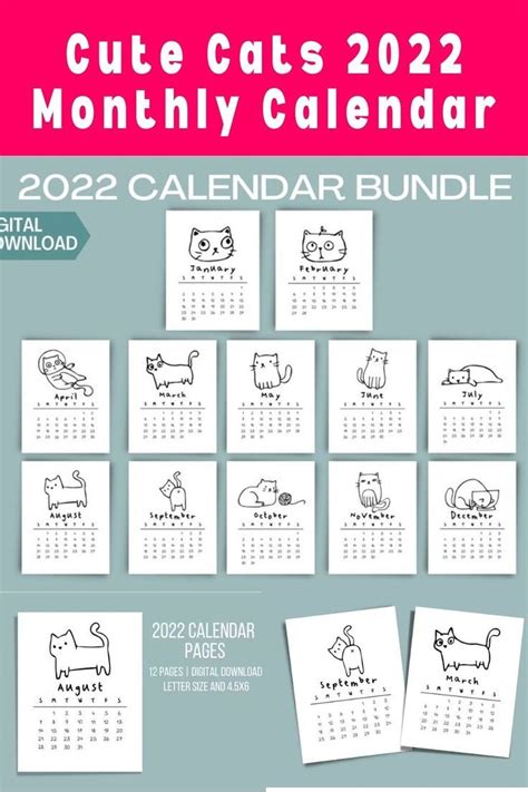 Cute Cats 2022 Monthly Calendar 2022 Calendar Printable Cute Calendar