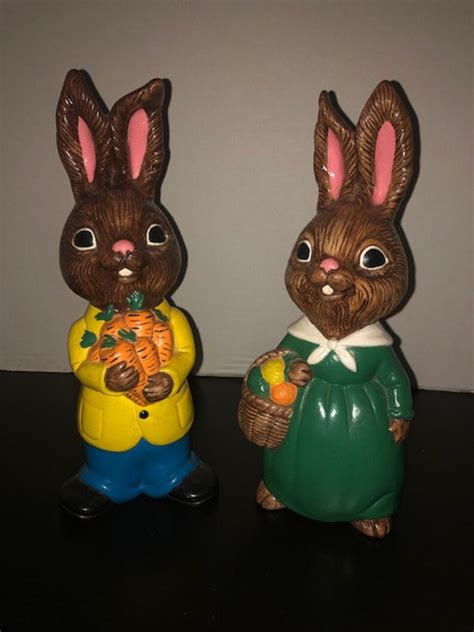 Vintage Hand Painted Ceramic Bunnies Approx 11 Tall Etsy