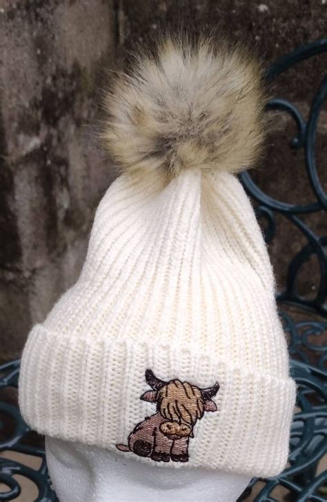 Highland Cow Bobble Hat Highland Cow Embroidered Adult Hat Etsy Uk
