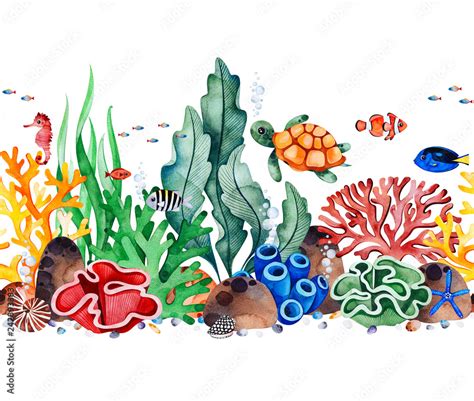 Underwater Creatures Seamless Repeat Border With Multicolored Corals
