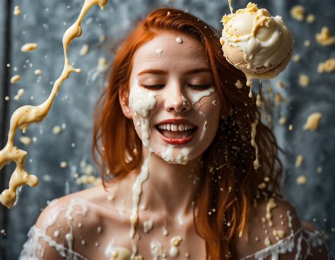 Lexica Photo Beautiful Redhead Woman Melting Vanilla Ice Cream Messy Ice Cream Melted Ice