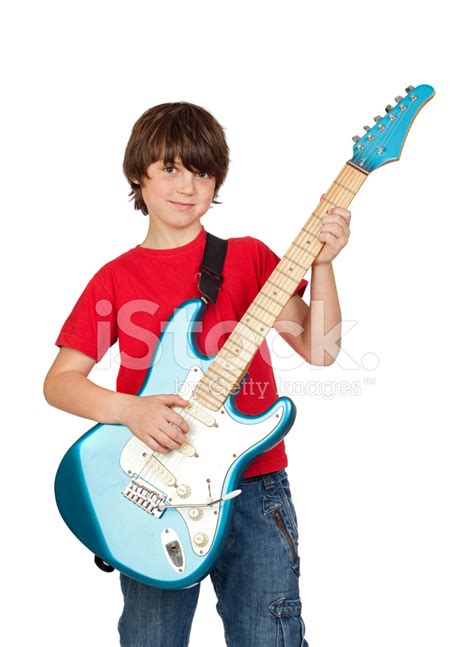 Divertido Niño Tocando La Guitarra Eléctrica Fotografías De Stock