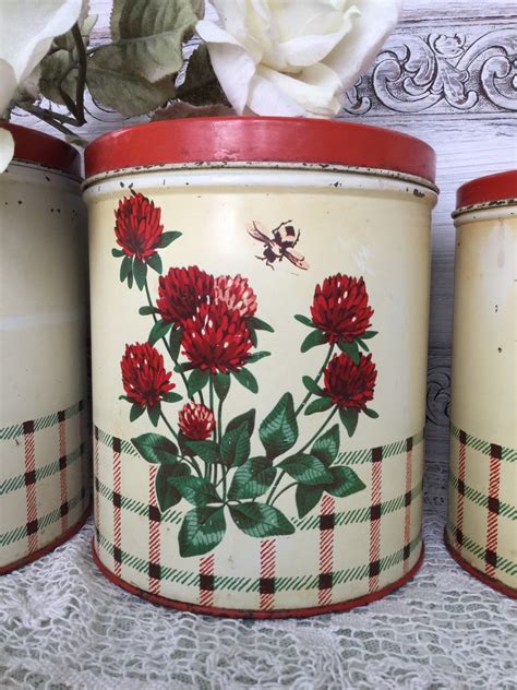 Vintage Red Clover And Honeybee Metal Canister Set Vintage