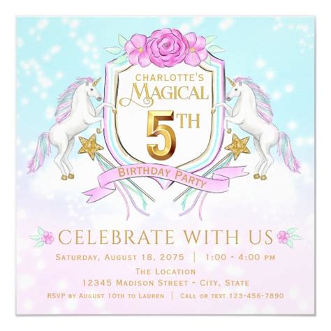 Girls Unicorn 5th Birthday Party Invitations
