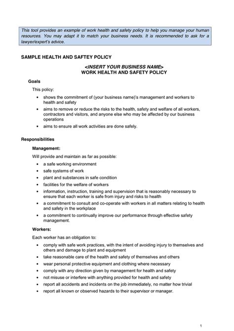 Work Health And Safety Policy In Word And Pdf Formats
