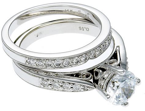 14K White Gold Diamond Engagement Ring & Band
