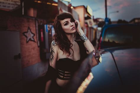 Wallpaper Brunette Pierced Tattoo Bracelets Long Hair Urban Women Outdoors Looking At