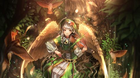 Wallpaper Anime Girl Angel Violin Forest Wings Braids Dress Birds Instrument