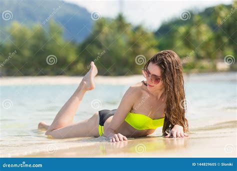 Beautiful Woman Lying On Tropical Sand Beach Stock Image Image Of