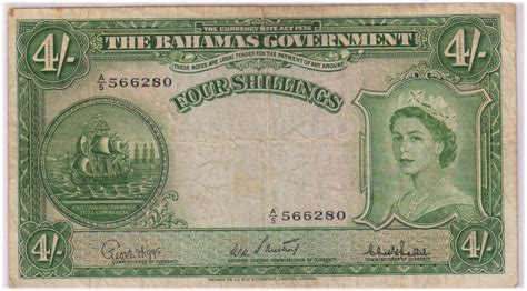 Sign up now and start shipping from canada to the usa and internationally.pay the merchant yourself or use our buyforme service British Bahamas - 4 shillings 1953 QE II scarce currency note - KB Coins & Currencies