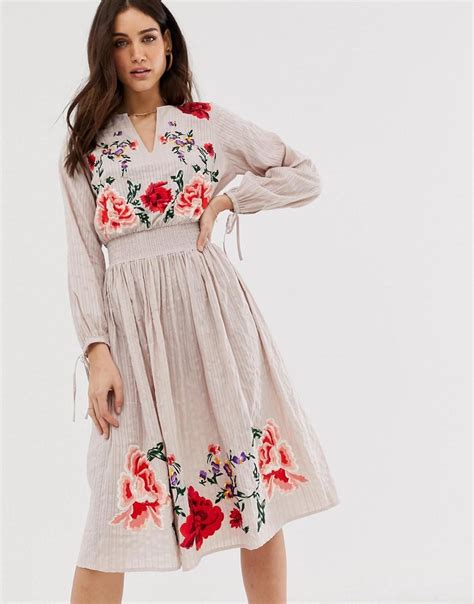 Asos Floral Embroidered Midi Dress In Natural Lyst