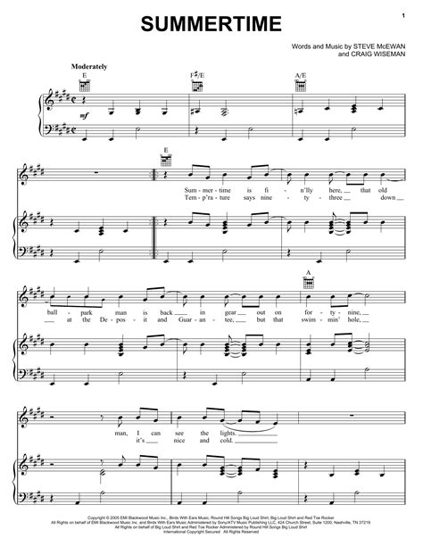 Summertime Sheet Music Kenny Chesney Piano Vocal And Guitar Chords