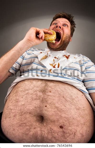 Portrait Expressive Fat Man Eating Burger Stock Photo Edit Now