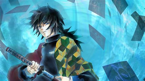 Demon Slayer Giyuu Tomioka With Sword With Background Of Blue And