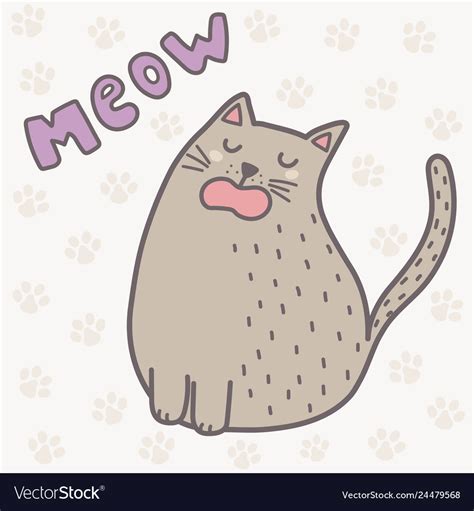 Cute Cat Saying Meow Print Funny Card Royalty Free Vector