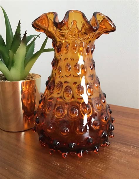 Vintage Empoli Dark Amber Hobnail Vase Mid Century Italian Etsy