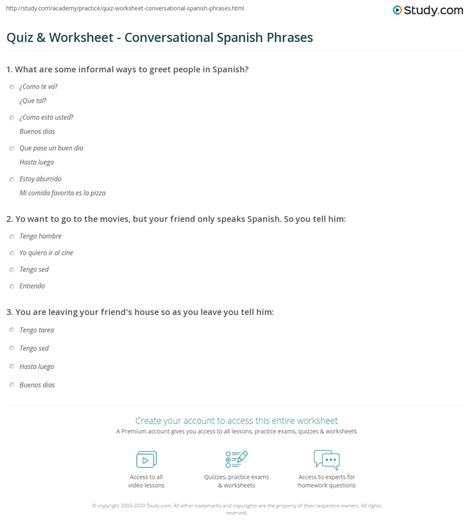 Quiz And Worksheet Conversational Spanish Phrases