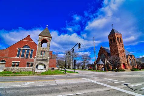 Churches Across From Each Other In Downtown Decatur Il Stock Photo