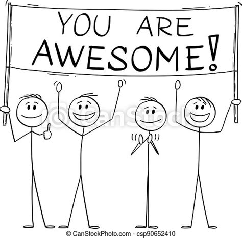 Group Of People Holding You Are Awesome Sign Vector Cartoon Stick