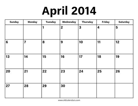 April 2014 Calendar Printable Old Calendars