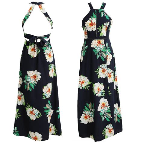 Women Halter Neck Chiffon Dress Floral Print Sleeveless Split Backless