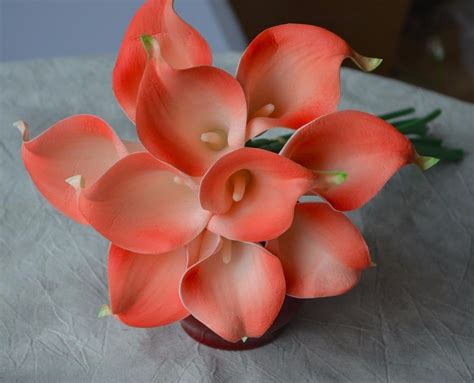 10 Coral Calla Lilies Real Touch Flowers For Silk Bridal Wedding