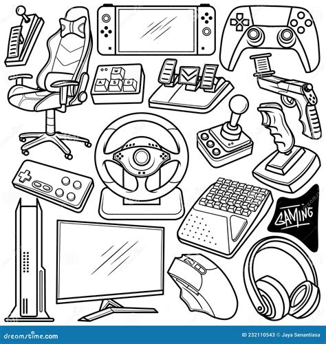 Set Gaming Setup Hand Drawn Doodle Stock Vector Illustration Of