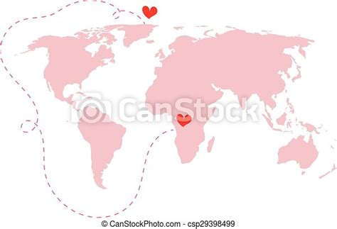 Pink World Map Atlas With Love Around The World Red Heart Isolated