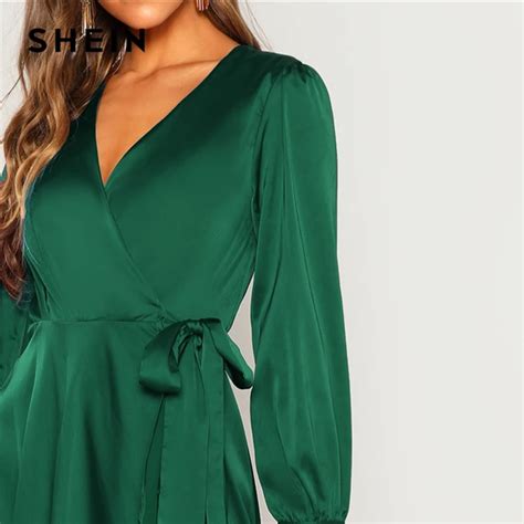 Shein Green Solid Surplice Wrap Knot High Waist Belted Maxi Plain V