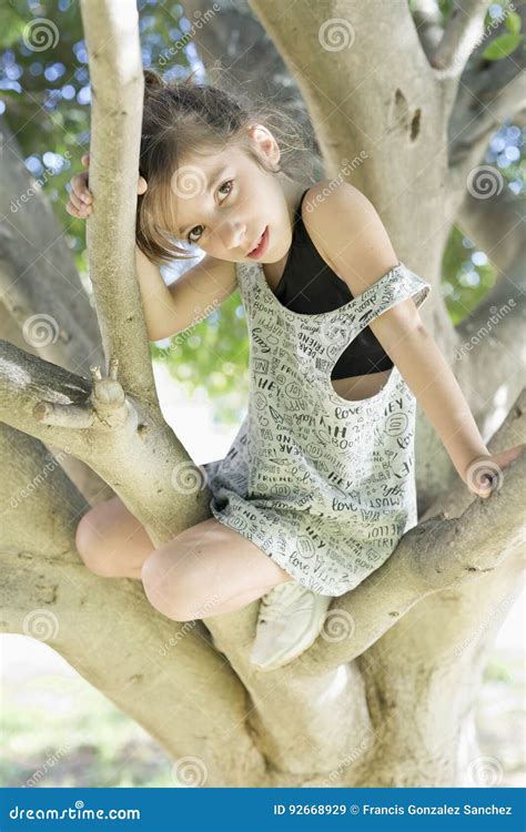 Girl Climbing A Tree To Take A Photo Stock Image Image Of Park Model