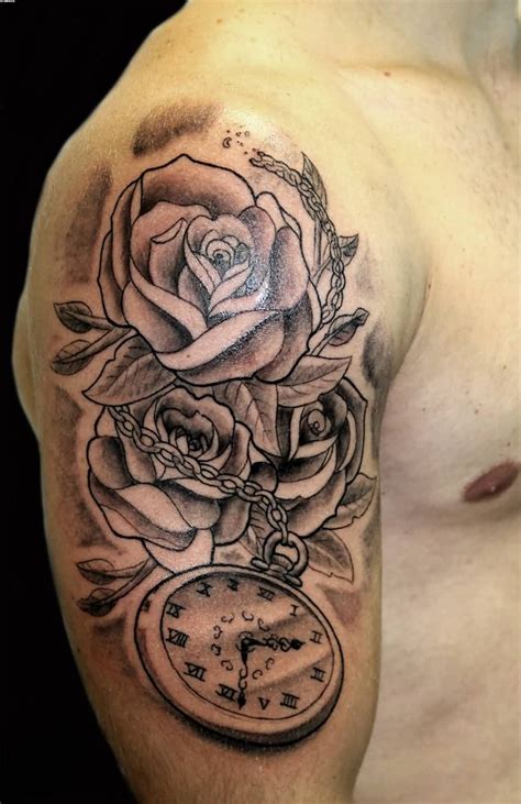 Grey Roses And Clock Tattoo On Man Right Half Sleeve Half Sleeve