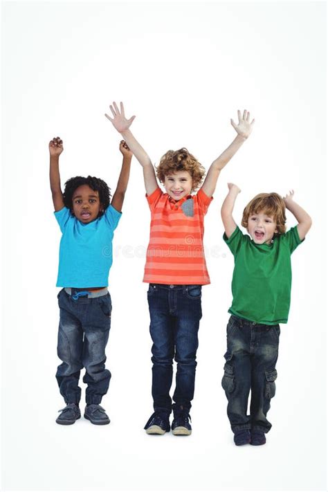 Row Children Standing Together Raised Arms Stock Photos Free