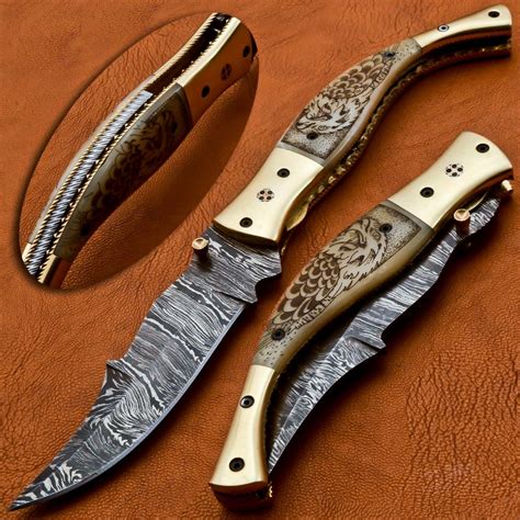 Custom Handmade Damascus Steel Hunting Pocket Knife With Amazing Bone