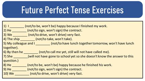 20 Exercises Of Future Perfect Tense Structure And Worksheet Future