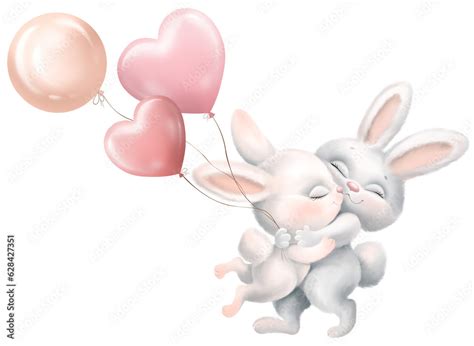 Cute Two Rabbits Hugs And Kissing With Balloons Love Of White Bunny