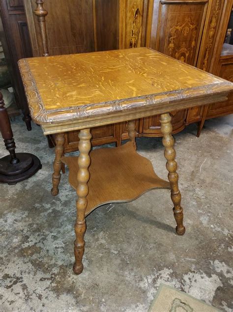 Antique Oak Side Table Turned Legs Nice Carved Edge Long Valley