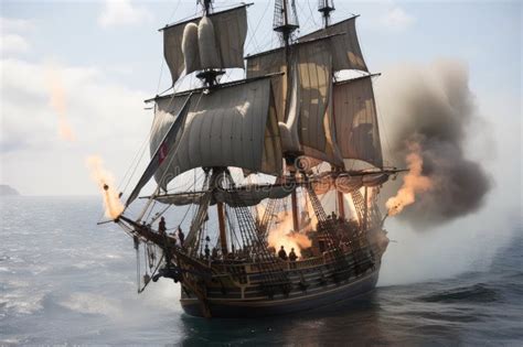 Pirate Ship In Battle With Cannons Firing And Smoke Rising Stock