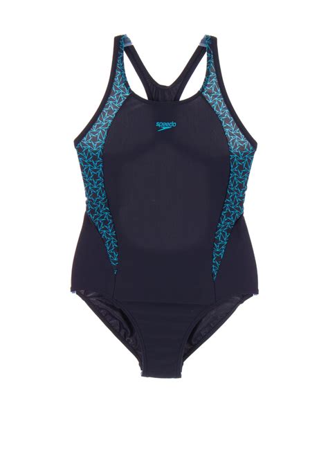 Speedo Girls Boomstar Splice Flyback Swimsuit Navy And Blue Mcelhinneys